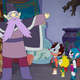 A wizard with a purple cape and purple beard stands with three small children in a scene from animated series Wolfboy and the Everything Factory.